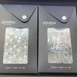NWT 2 pairs of black/gray Zohara Art on Tights - STARS & CATS! - Kids 7-11 years